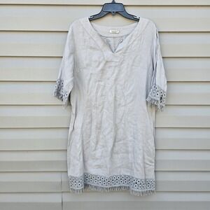 Alessia Pachni Linen Dress Womens Large Gray Tunic Italy Fringe Lagenlook